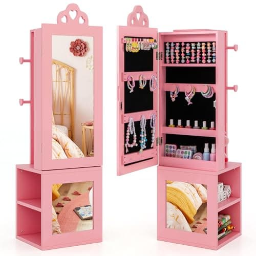 Image of COSTWAY Kids Jewelry Armoire Cabinet, Wooden Jewelry Organizer with Full-Length Mirror, Rear Storage Shelves, Garment Rack, Child's Vanity Dress Up Mirror for Girls 3+ Years Old (Pink)