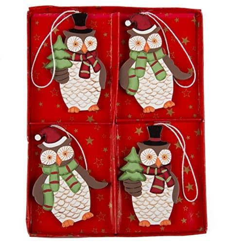 Image of Sass & Belle Owl with Scarf Wooden Decoration, Set of 4, Multi-Colour