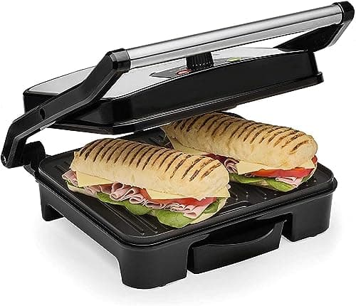 Image of Andrew James Panini Press & Health Grill with Large Non-Stick Plates | Removable Drip Tray & Floating Hinge for Deep Fill Toasted Sandwiches | Low Fat Grilling and Healthy Cooking