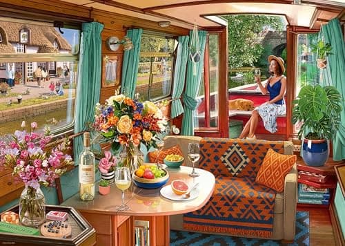 Image of Ravensburger View From My Window No.1 Canal Boat 1000 Piece Jigsaw Puzzle – Steve Read Artwork, Countryside & Narrowboat Scene – Premium Puzzle for Adults