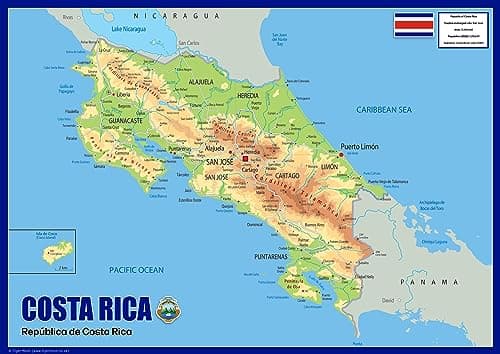 Image of Physical Map of Costa Rica - The Oxford Collection - Size A2 - Paper Laminated