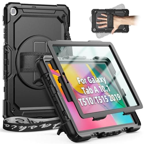 Image of Timecity Case for Samsung Galaxy Tab A 10.1 2019 (SM-T510/ T515), Heavy Duty ShockProof Case with Screen Protector, 360 Rotating Stand, Hand/Shoulder Strap, Pen Holder, Black
