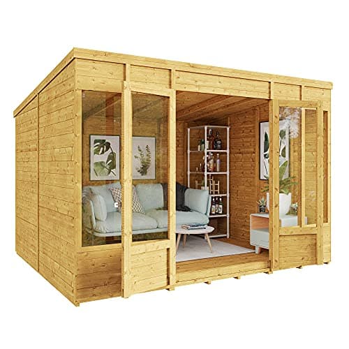 Image of BillyOh Bella 10 x 8 Summer House Shed, Modern Pent Roof Log Cabin | Spray Treated - Garden Room with Wide Double Doors, Tongue and Groove Construction | Versatile Tiny Home or Garden Office