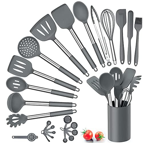Image of Herogo Kitchen Utensils Set, 25 Piece Silicone Cooking Utensil with Holder, Heat Resistant Kitchen Spatula Turner Spoon with Stainless Steel Handle, Non-Toxic & Nonstick, Easy to Clean, Grey