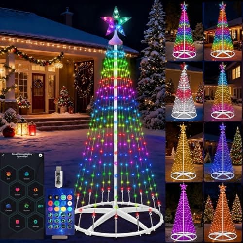 Image of Hoofun Smart Christmas Tree Cone Light: 150cm RGB LED String Lights with Remote & App Control, USB Powered, Multi Modus, Music Sync, DIY Dimmable, Indoor/Outdoor Decoration for Holiday Garden Party