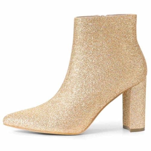 Image of Allegra K Women's Glitter Pointed Toe Chunky Heel Ankle Boots Gold 4 UK/Label Size 6 US