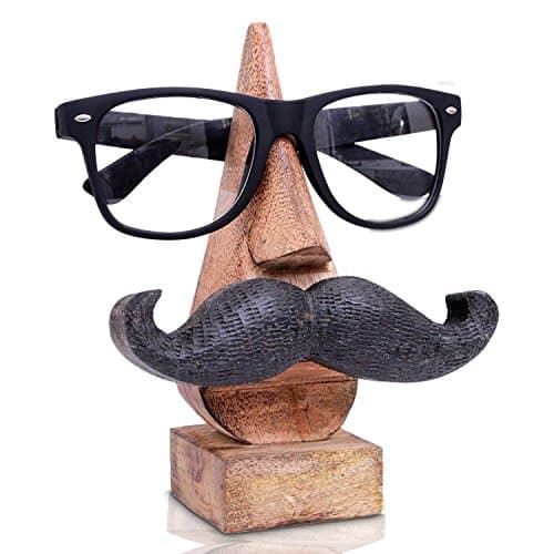 Image of IndiaBigShop Wooden Hand Carved Classic Sheesham Nose-shaped Eyeglass Spectacle Holder with Black Moustache Perfect for Home and Office Decor 6 Inch