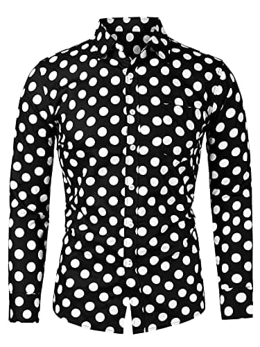 Image of Uxcell Men's Shirts Polka Dots Long Sleeve Slim Fit Printed Dress Button Down Shirt Black White S