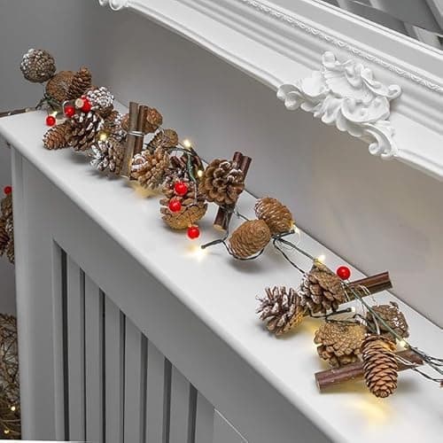 Image of GloBrite 1.5M Pre-Lit Christmas Garland with 20 Warm White LED Lights - Battery Powered Illuminated Wreath with Pine Cones Ornament Decor for Indoor Outdoor Fireplace Decor Xmas Tree Party Festive