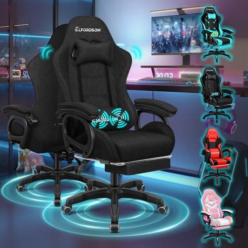 Image of ELFORDSON Gaming Chair with 2-Point Massage Lumbar Support, Computer Desk Chairs for Home Office, Head Pillow High Back 150° Recliner Armrests Footrests, 180KG Loads, Fabric Linen, Black