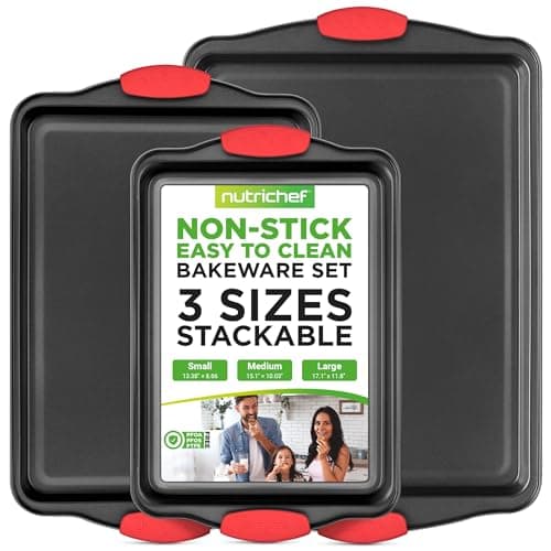 Image of NutriChef Baking Tray Set 3 Piece Non Stick Baking Trays for Oven Carbon Steel Baking Sheets Small Medium Large Oven Trays with Silicone Handles Stackable Bakeware for Cookies Cakes Roasting