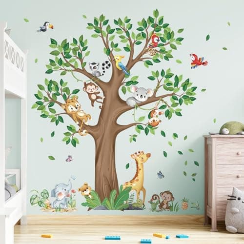 Image of decalmile Large Jungle Animal Tree Wall Decals Giraffe Koala Leopard Safari Wall Stickers Baby Nursery Kids Bedroom Toddler Room Wall Decor
