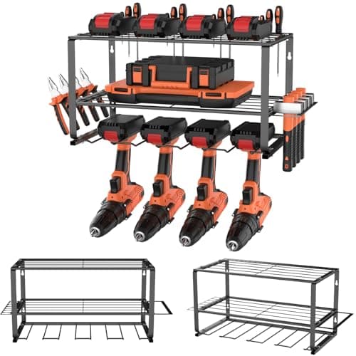 Image of 3-Tier Power Tool Organizer Storage Rack, 150lbs Load Heavy Duty Wall Mount for 4 Drill Holders Layers Tool Rack Floating Tool Shelf Garage Wall Shelvingfor Garage, Home, Workshop, Black, 40x20x21.5cm