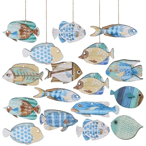 Image of Jinzhenhong 24PCS Wooden Fish Wall Decor, Hanging Fish Wall Art with Rope, Versatile Coastal Decor for Bedroom, Living Room, Bathroom, Dining Room and Hallway, Nordic Style Home Decorations