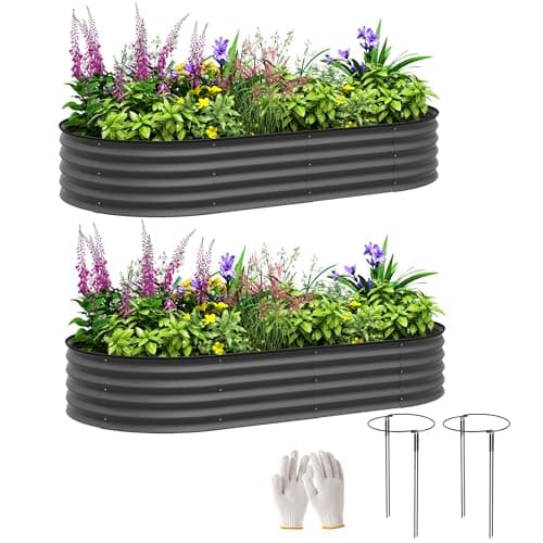 Image of Outsunny Set of 2 Raised Beds for Garden, Outdoor Galvanised Planter Box with Plant Support Stakes, Rubber Strap Edging and Bottomless for Flower, Vegetable, 181 x 93 x 30 cm, Dark Grey
