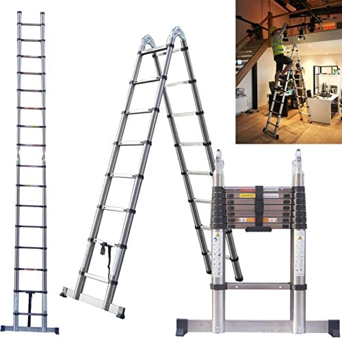 Image of 5m Telescopic Ladders EN131 Standards with Stabiliser, 2.5m+2.5m A Frame Telescopic Multi Purpose Combination Step Ladder, Extension Ladders Extendable Folding Garden Loft Ladder for Window Cleaning