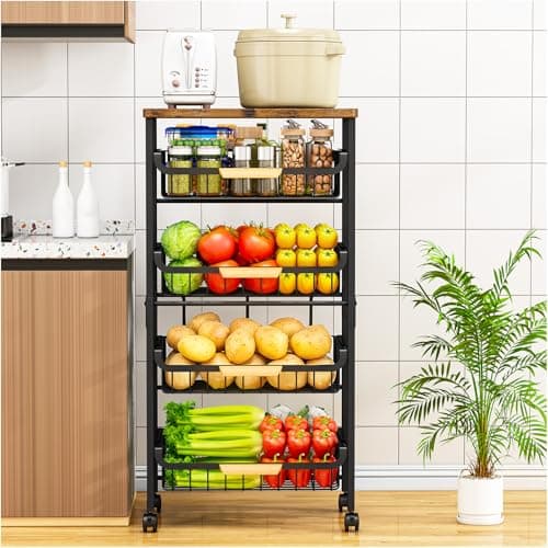 Image of OrderlyGo 5-Tier Kitchen Trolley on Wheels-Vegetable Storage Rack with Wooden Top, Lockable Wheels & Stackable Baskets, Mobile Organizer for Kitchen, Pantry, Office (Black)