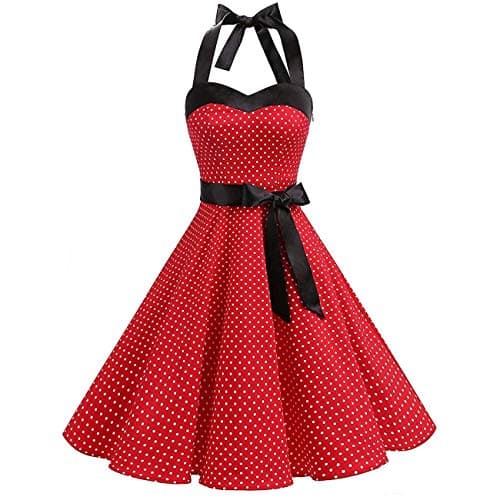 Image of 1950s Dresses for Women UK Vintage Rockabilly 50s Style Audrey Hepburn 1940s Halter Neck Polka Dot Summer Swing A Line Skater Midi Tea Dress Cocktail Party Evening Prom Gown Plus Size A#Red S