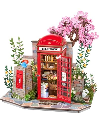 Image of Rolife 3D Puzzle Red London Telephone Box Wooden Model Kit for Adults to Build Blossom Book Booth Building Set with LED Light Kit Home Decoration Birthday Gifts Creative Gift Idea for Travellers