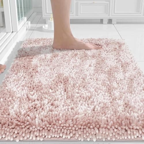 Image of Yimobra Luxury Chenille Bath Mat, Extra Soft and Absorbent Shaggy Bathroom mats Non Slip, Machine Washble Dry, Plush Floor Carpet for Tub, Shower, and Bath Room, Pink, 43 x 61 cm