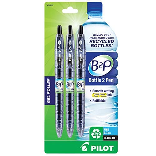Image of PILOT Bottle-2-Pen (B2P) Retractable Premium Gel Roller Pens Made from Recycled Bottles (3 Count) Fine Point, Black G2 Gel Ink, Refillable, Comfortable Grip (31607)