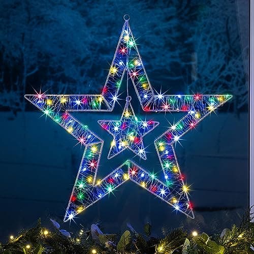 Image of Christow Double Star Christmas Light, Micro LED, Window Wall Decoration, Indoor Outdoor, Battery Operated with Timer Function, 50cm (Multi Coloured)