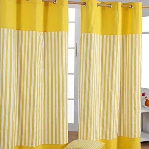 Image of HOMESCAPES Yellow - 1” Thick Stripe - Eyelet Curtain Pair 117cm (46") Wide x 137cm (54") Drop 100% Cotton Ring Top Striped Curtains