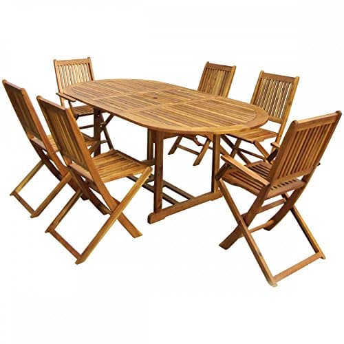 Image of CHARLES BENTLEY FSC® 100% Certified, Acacia Hardwood Furniture Set, with Extendable Table, 6 Chairs, Garden, Outdoor, Patio, Dining, BBQs, Large, Heavy Duty, Oil Coated, Parasol Hole (200x100x75cm)