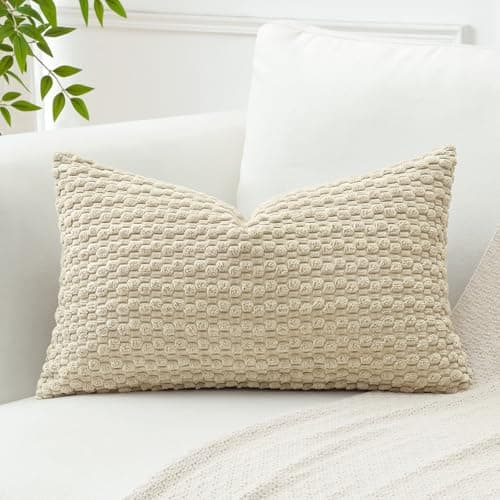 Image of Artscope Pom Poms Decorative Corduroy Cushion Cover 30x50cm Super Soft Boho Striped Lumbar Pillow Covers Case Geometric for Sofa Couch Bedroom Car Decor Set of 1, Beige