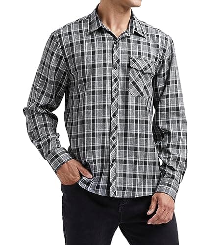 Image of HISDERN Mens Checked Flannel Shirts Long Sleeve Casual Plaid Shirt for Men Lumberjack Shirts Button Down Regular Fit Grey Black L