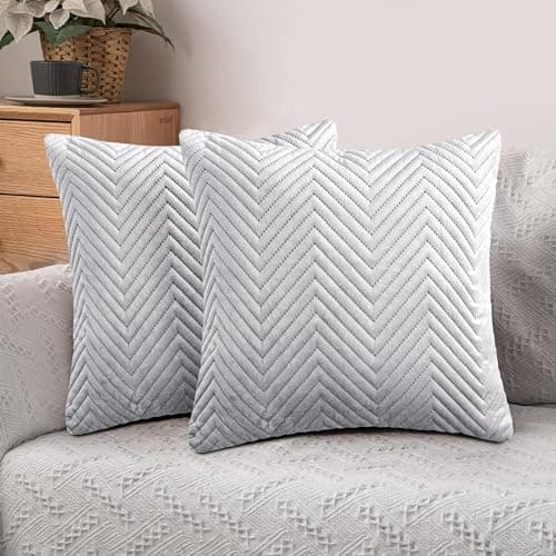 Image of Hafaa Cushions with Covers Included 45 x 45 Cm Set of 4 (2 Silver Cushion Covers, 2 Cushion Inserts) - Ultrasonic Velvet Square Throw Pillow Case Sofa Cushion with Invisible Zipper