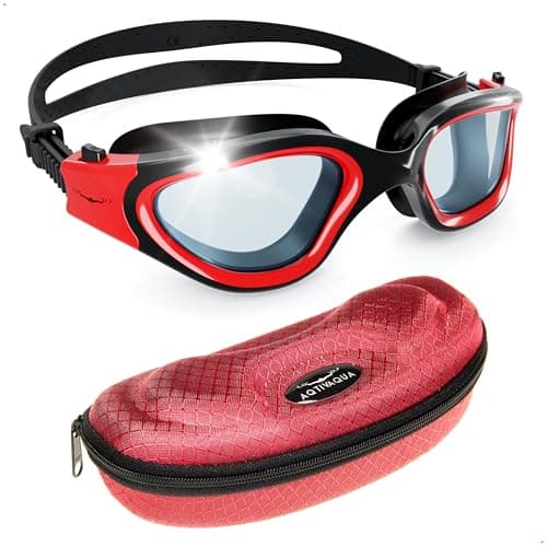 Image of AqtivAqua Swimming Goggles Adult and Kids Goggles Kids 6-14 Men Women Swim Children Boys Girls DX-C (Clear-Lenses Red/Black-Frame)