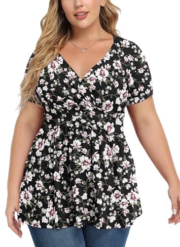 Image of TIANZHU Women's Plus Size Casual Top Stylish Dressy V-Neck Empire Waist Floral Tunic Lightweight Short Sleeve Blouse, F Pink Black, Size 22-24