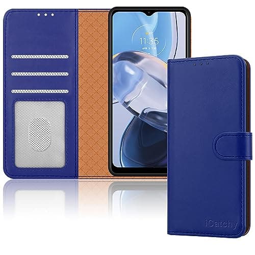 Image of iCatchy for Motorola Moto E22 Case, Leather Wallet Book Flip Folio Stand View Magnetic Protect RFID Blocking Cover compatible with Motorola E22 Phone (Blue)