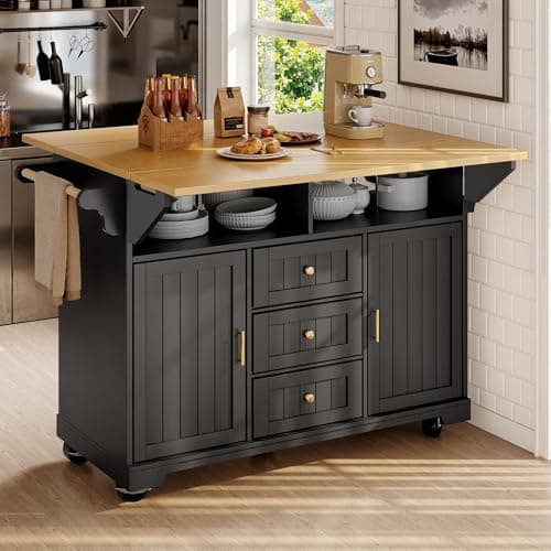 Image of BTM Kitchen Island On Wheels with Drop-Leaf Table, Rolling Serving Trolley with Storage Rack, Buffet Cabinet, Sideboard, Black