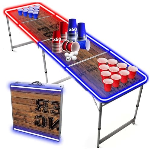 Image of Beer Pong Official LED Light Full Set | 1 Bright Table + 120 Cups (60 Blue & 60 Red) + 6 Balls | Complete Pack | Premium Quality | Official Table | Scratchproof | OriginalCup®