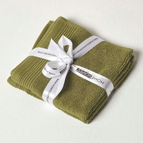 Image of HOMESCAPES Moss Green Set of 2 Face Cloths 700 GSM Combed 100% Egyptian Cotton Towel 30 x 30 cm