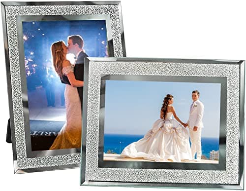 Image of Glass Photo Frames 7x5 Set of 2, Crushed Diamond Sparkly Picture Frames, Silver Mirror Photo Frames for Wedding, Home Decor, Tabletop Display