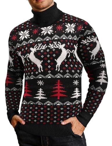 Image of COOFANDY Men's Christmas Jumper Turtleneck Knitted Jumper Long Sleeve Winter Pullover Sweaters Black Christmas Pattern XXL