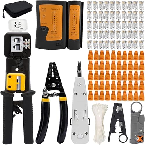 Image of MAYLINE CAT5 CAT6 Computer LAN Cable Tester RJ45 Crimp Tool kit, Network Crimper Crimping Tool, Ethernet Wire Stripping Repair Kit Crimp Punch Down Tool, 50PCS Connector(Black)