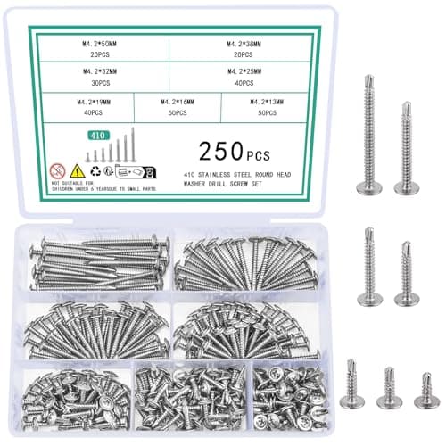 Image of 250 Pcs M4.2 Self Tapping Screws for Metal, Wafer Head Self Drilling Stainless Steel Flat Head Sheet Metal Modified Truss Tek Screws for Wood Plastic Panels