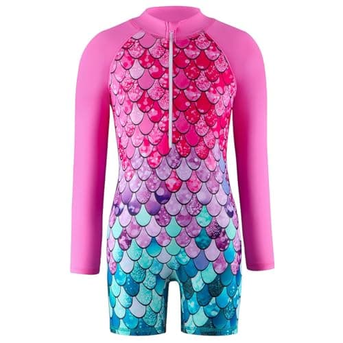 Image of Atorcher Swimming Costume for Girls One Piece Swimsuit Rash Gurad Swimsuits Long Sleeve Swimwear Bathing Suit High Neck Swimwear (UK, Age, 4 Years, 5 Years, Regular, Rose Mermaid)