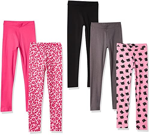 Image of Amazon Essentials Girls' Leggings, Pack of 5, Animal Print/Black/Cat/Dark Grey/Pink, 10 Years