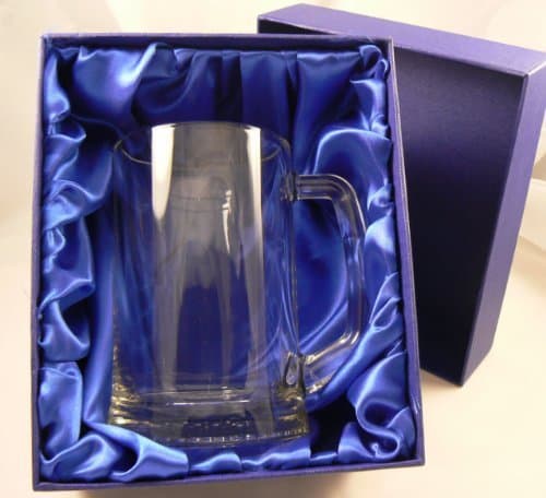 Image of Personalised Glass Tankard, Engraved, Luxury Blue Gift Box Included
