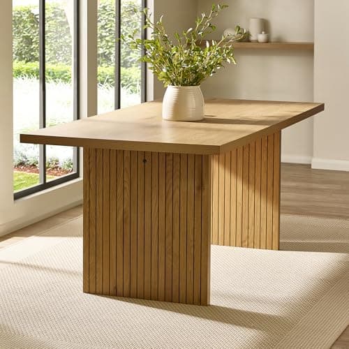 Image of Julian Bowen Arundel Dining Table - Wooden Kitchen Table for 4-6 People with Wide Slatted Legs, Modern Oak Effect - 180 x 90cm