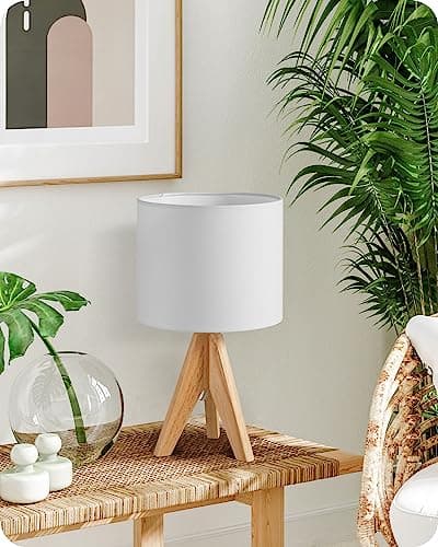 Image of EDISHINE 36cm Wooden Table Lamp, Tripod Bedside Lamp with Linen Lampshade, On-Off Switch, Desk Lamps for Reading, Lamp for Bedroom, Living Room, Study, Office, E27 Base