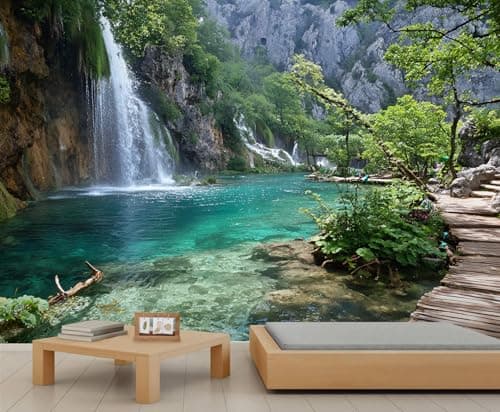 Image of YEMYOR Waterfall Mural Wallpaper Nature Forest Waterfall Wall Mural for Room Decoration Teal Lake Landscape Wallpaper for Living Room Bedroom-232x158cm