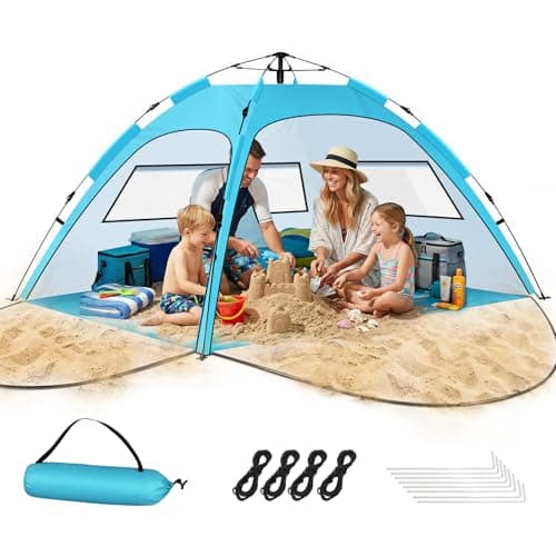 Image of Purebox Beach Tent 3-4 Person, Two Doors Large Pop Up Beach Tents for Adults and Kids, Portable Automatic Instant Sun Shelter Tent UV 50+ SPF50+, Beach Tent Pop Up for Garden, Fishing, Picnic