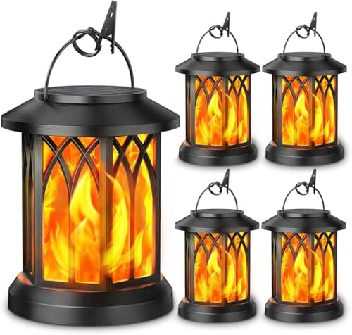 Image of KOOPER Solar Garden Lights Outdoor, 4 Pack Hanging Lanterns with Realistic Flickering Flame LED, Waterproof Flame Effect Ornaments for Decoration Pathway Patio