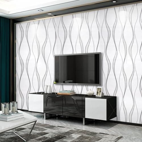 Image of Anttyscar Non-Woven Wallpaper Glitter Effect Textured 3D Flocking Embossed Wallpapers 53cm x 9.5m Wave Stripes Wall Paper Roll for Living Room Bedroom White